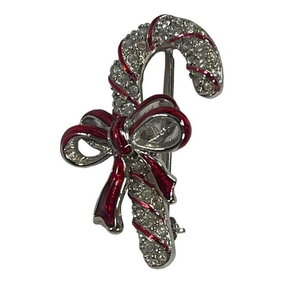 Candy Cane Rhinestone Bow Swarovski Crystal Holiday Gold Tone Brooch NEW IN BOX - Picture 3 of 12